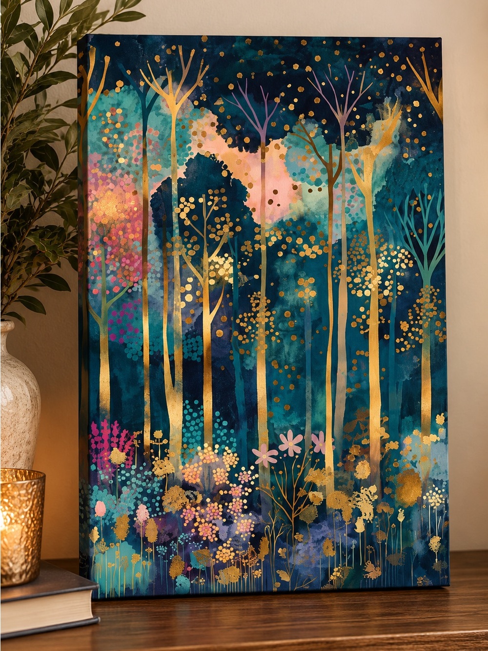 Abstract Forest Wall Art 16x24 Framed Canvas Teal Gold Whimsical Nature Decor